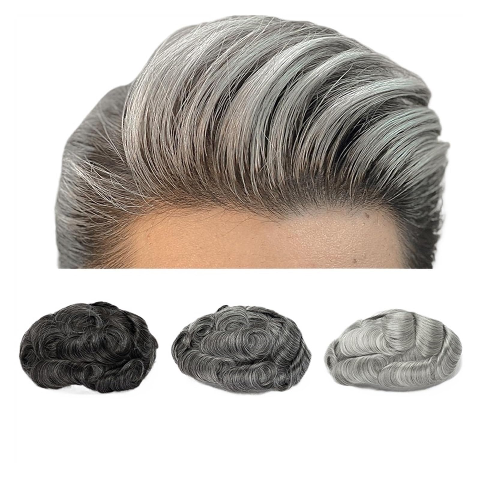 Männer Toupet V-Loop-Perücke for dünne Haut, for Männer, Toupet, Perücke, natürlicher Haaransatz, Remy-Menschenhaar, grau, 0,03 mm, Kapillarprothesen-Haarsystem for Männer Perücken Toupet Haar(340#)