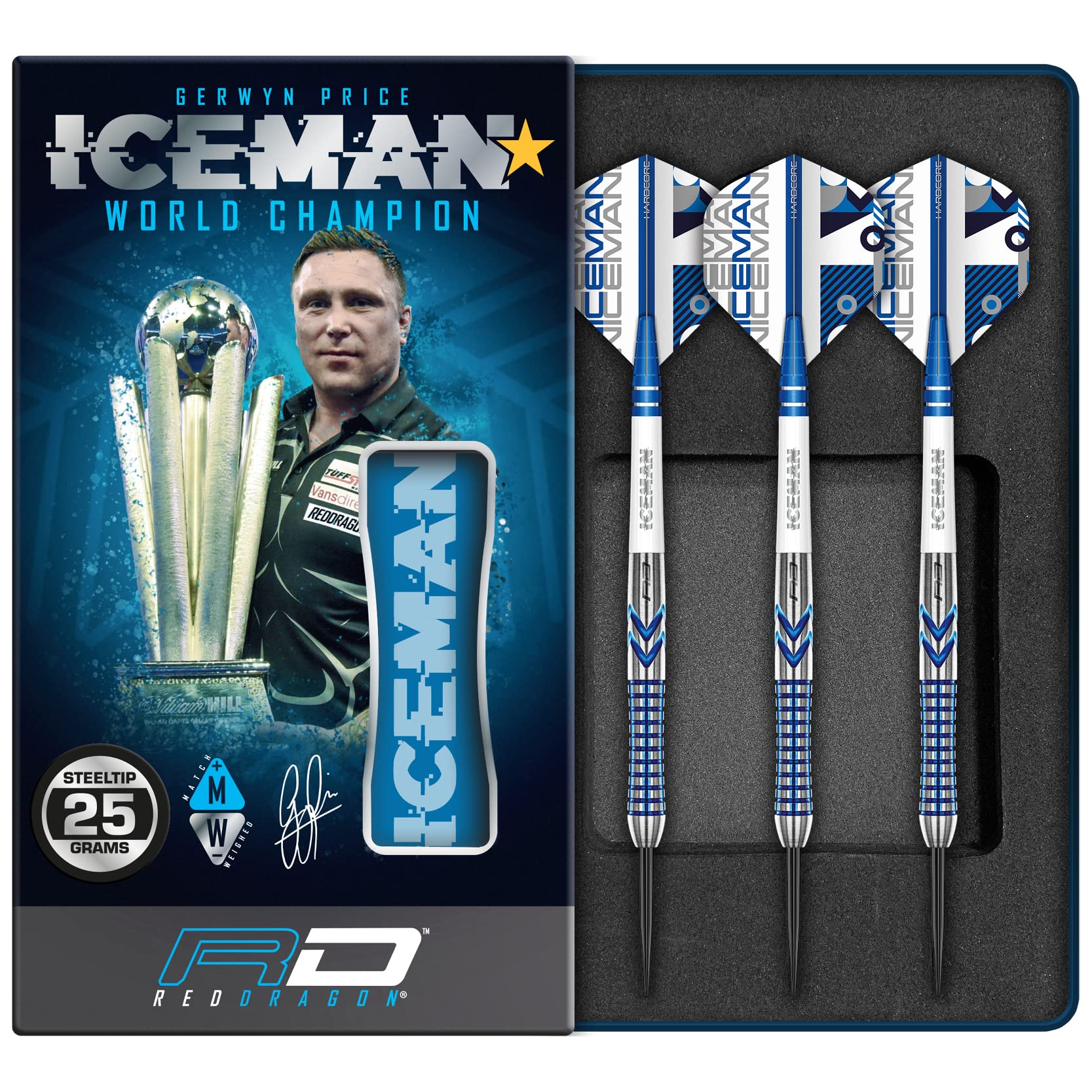 RED DRAGON Gerwyn Price Iceman Contour 25 Gram Professional Tungsten Darts Set with Flights and Stems