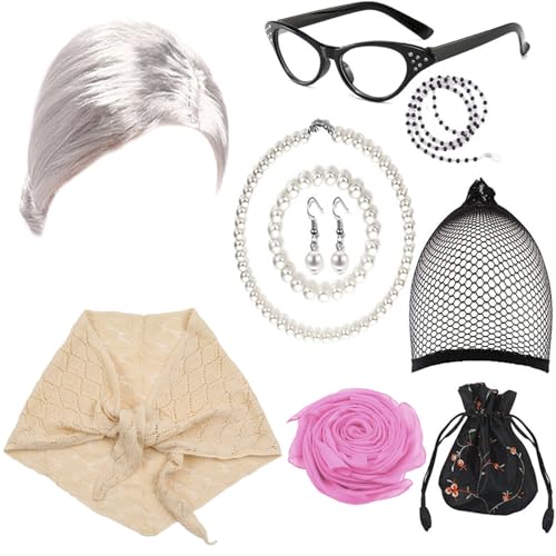 Oxxggkao Kostüm Set Perücken Künstliche Ohrring Brille Frauen Pretend Dress Up Zubehör