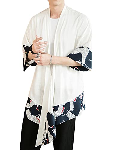 Idopy Männer `s Weinlese-Baumwollleinen-Mantel-Poncho-Kap-Mantel-Wolljacke (2628 Weiß, Large)