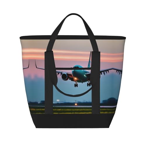 YQxwJL Isolierte Kühltasche mit Flugzeug in den Abendlichtern, großes Fassungsvermögen, Einkaufstasche, Reisetasche, Strand, wiederverwendbare Einkaufstasche für Erwachsene, Schwarz, Einheitsgröße