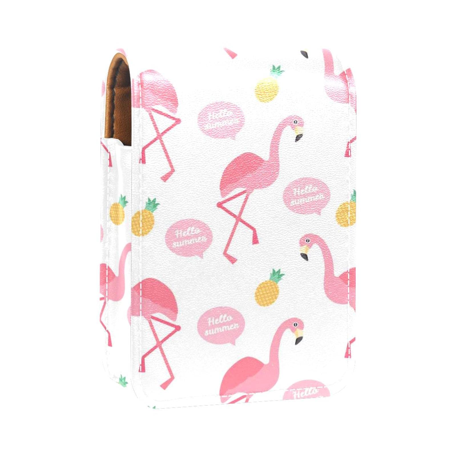 Lippenstift-Etui mit Spiegel, Hello Summer, rosa Flamingo, Annepple, Lipgloss-Halter, tragbare Lippenstift-Aufbewahrungsbox, Reise-Make-up-Tasche, Mini-Leder-Kosmetiktasche für 3 Lippenstifte,