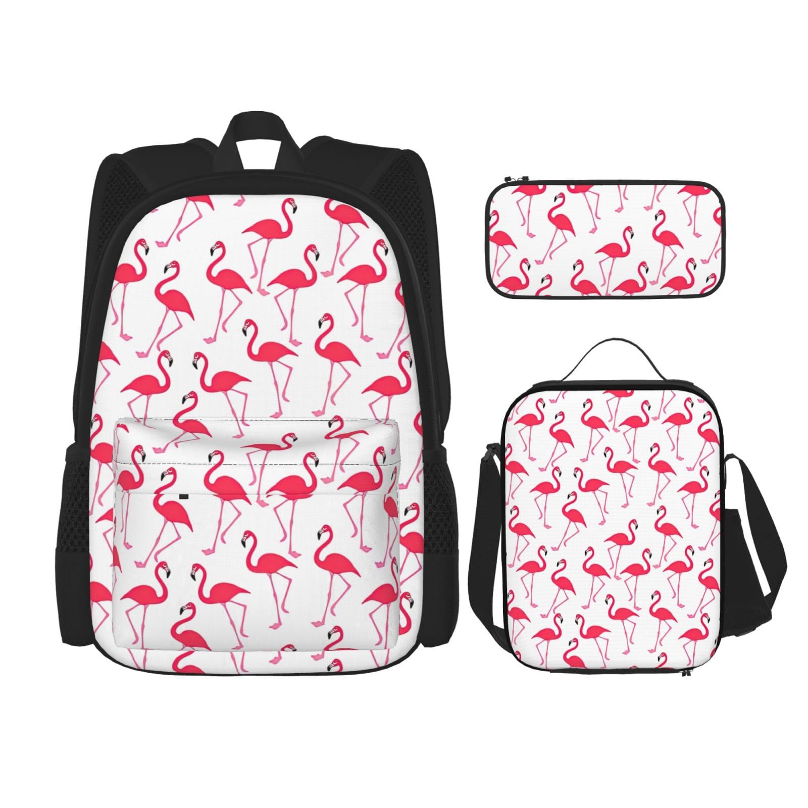 WURTON 3-in-1-Set mit rosa Flamingo-Muster, lässig, verstellbar, Schulter-Rucksack, Lunch-Tasche, Federmäppchen, Beutel, Schwarz, Einheitsgröße