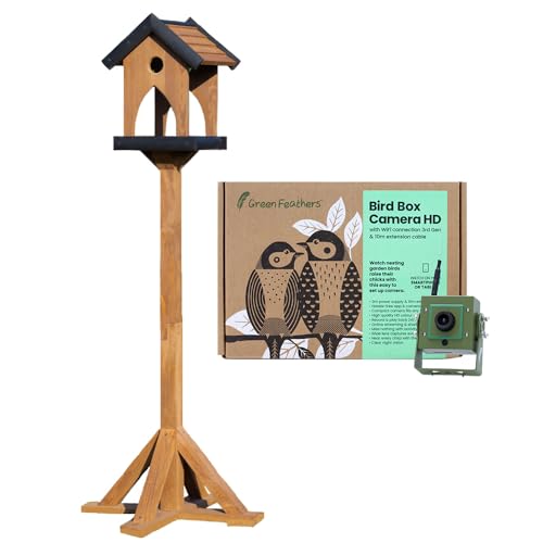 Green Feathers Wifi Vogelkamera und handgefertigtes Vogelhaus aus Kiefernholz und Holzkohle mit geschütztem Dach für kleine und mittelgroße Vögel