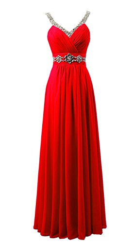 Zorayi Damen Elegante Lang V-Ausschnitt Perlen Chiffon Abendkleid Brautjungfernkleider Rot Größe 44