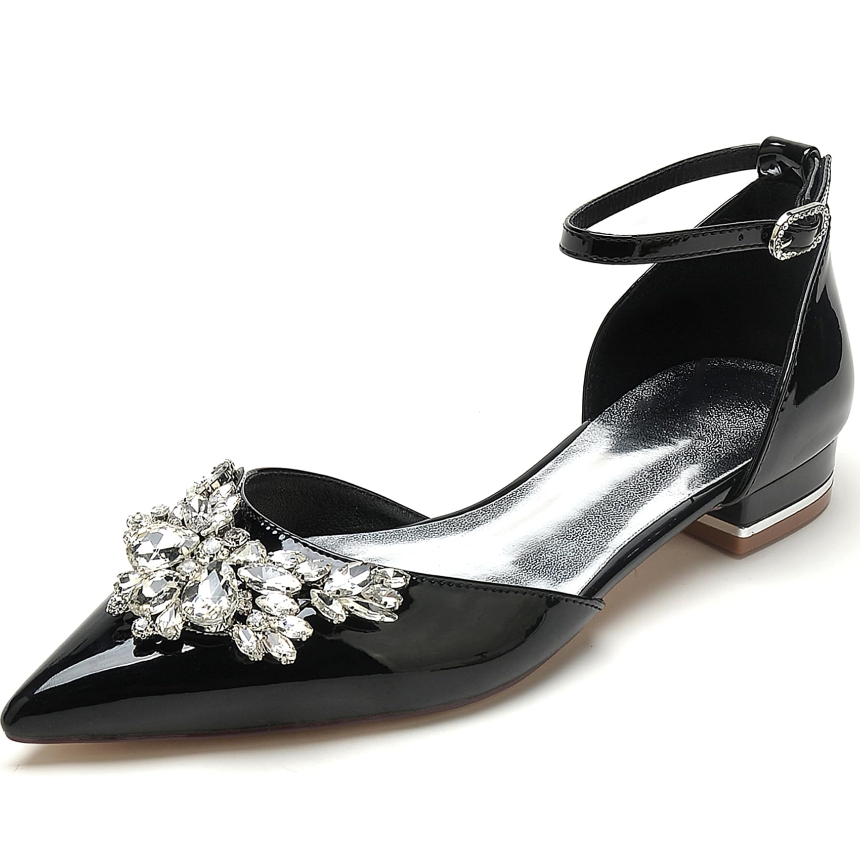 RUIZE Schwarz,38,Ballerinas mit geschlossener Spitze für Damen, 2,5 cm, glitzernde Strasssteine, Lackleder, Knöchelriemen, niedriger Absatz, Brautschuhe