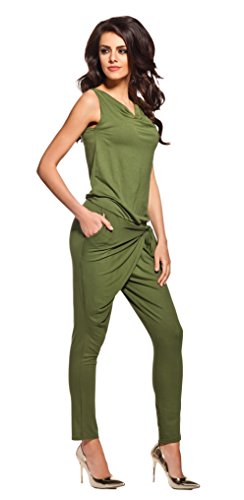 Lemoniade stylischer Jumpsuit ohne Ärmel mit elegantem Wasserfallkragen, Khaki, Gr. L