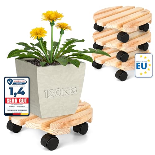 Oramics 4 Stück Pflanzenroller Rund aus Massivholz – Ø30 x 8 cm bis 120 KG belastbar – Rollbrett für Pflanzen, Blumentöpfe und Blumenkübel – Blumentopf Untersetzer mit 4 Rollen