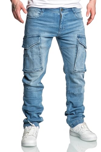 Amaci&Sons Herren Sweathose in Stretch Denim Männer Cargo Jogging Jeans 7026 Hellblau W32