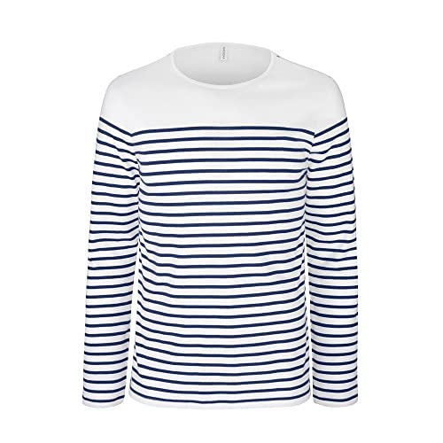 noTrash2003 Langarmshirt Herren Breton gestreift weiß blau Navy Marine Shirt T-Shirt Longsleeve, Striped White/Navy, XL