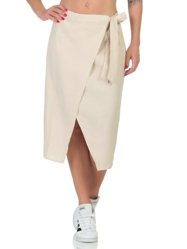 JdY Damen Midi Leinen Rock JDYSay Wrap Damenrock in Wickeloptik wadenlang 15321187 Oatmeal Melange M