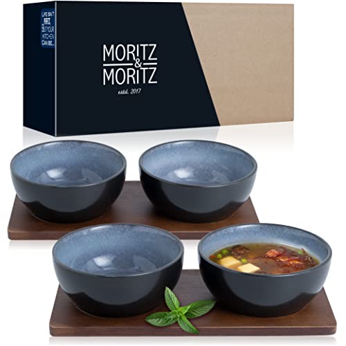 Moritz & Moritz 4X Miso Schüssel Set 12 cm Ø – Japanisches Geschirr Set aus Keramik und Sandelholz für Miso Suppe, Dip und Snacks – Mit Serviertablett