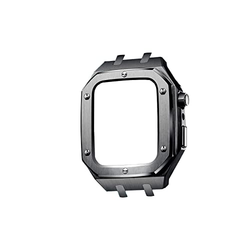 KANUZ Modifikationsset, Metallgehäuseband für Apple Watch-Armbänder Serie 8, 45 mm, Serie 7, 45 mm, Correa iWatch-Band, 44 mm, Gummi-Armband-Verschluss (Farbe: schwarzes Gehäuse 45 Serie 8)