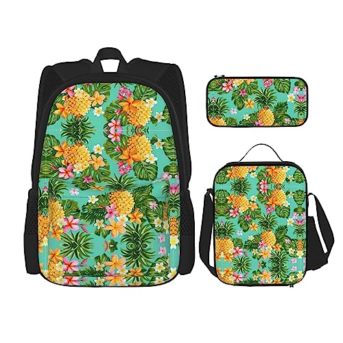 WURTON Lunchbox mit tropischen Früchten und Ananas-Druck, Federmäppchen, Rucksack-Set, 3-teilig, verstellbare Riemen, langlebig, leicht, Schwarz, One Size