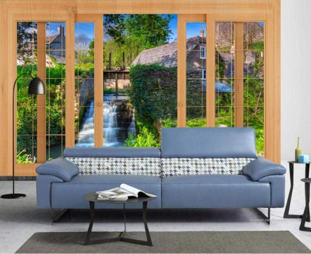 Fenster Wasserfälle Häuser 3D Tapete Poster Restaurant Schlafzimmer Wohnzimmer Sofa TV Dekorative Wand-150cm×105cm