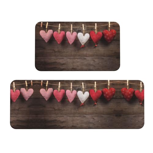 YQxwJL Küchenmatte mit Valentinstags-Herz-Aufdruck, 2-teilig, Küchenteppich-Set, rutschfest, wasserdicht, für Küche, Flur, Büro