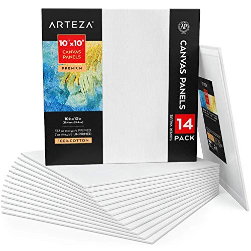 Arteza Malkarton 14er-Pack, weiße Leinwand 25.4 x 25.4 cm, 100% Baumwolle, grundierte Malpappe 350 g/m², für Acrylfarben, Ölfarben und Nass-Art Medien, Leinwände für Künstler & Hobbymaler