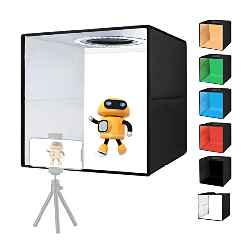 OMBAR Fotostudio Lichtzelt,30x30x30cm Faltbare Studiobox mit USB-Typ Ringlicht 3 Farben LED 3000-5600K Lichtintensitätseinstellung Einstellbar 6 Farben Hintergrund Einfach zu Montieren und zu Trage