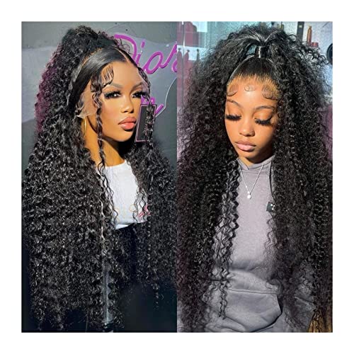 Perücken Deep Wave Lace Front Perücken Echthaar Perücken for schwarze Frauen 13 x 4 leimlose Lace Frontal Perücken Brasilianisches Haar 8-34 "schwarze Farbe lockige Lace Front Perücken Damenperücke (