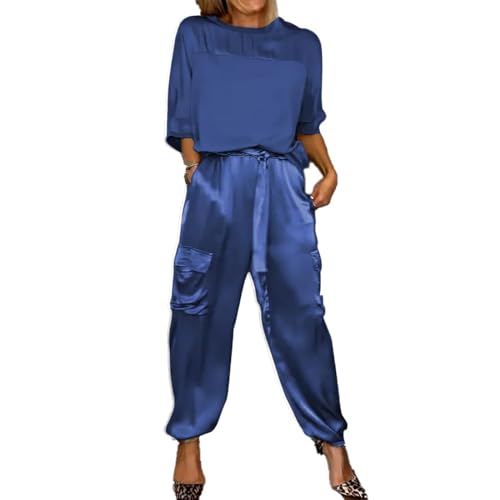 FITPOST Damen-Pyjama-Set, glattes Satin, halblange Ärmel, Oberteil und Hose, lässiger Sommer-Satin-Pyjama-Set, Rundhals-Shirt und lange Hose, blau, 54