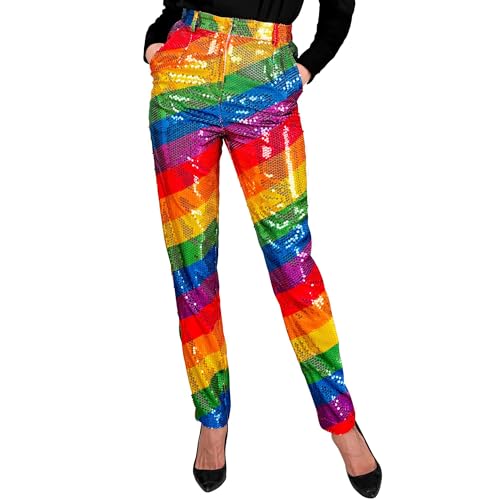 Widmann - Party Fashion Paillettenhose für Damen, Regenbogen, Disco Fever, Schlagermove, Damenhose