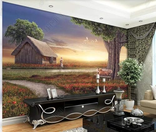 Gras Hütte Fluss Hunde Großer Baum Landschaft 3D Tapete Poster Restaurant Schlafzimmer Wohnzimmer Sofa TV Dekorative Wand-250cm×170cm