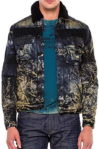 Cipo & Baxx Herren Jeansjacke Denim Biker Jacket Rider Waschung Jacke Freizeit Fellkragen Design Schwarz L