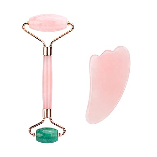 Gesichtsmassagegerät Jade Roller & Guasha Massage Rose Quarz Naturstein Gesicht Roller Doppelkinn Entfernung Abnehmen Hautpflegewerkzeuge-Rosa Set No Box