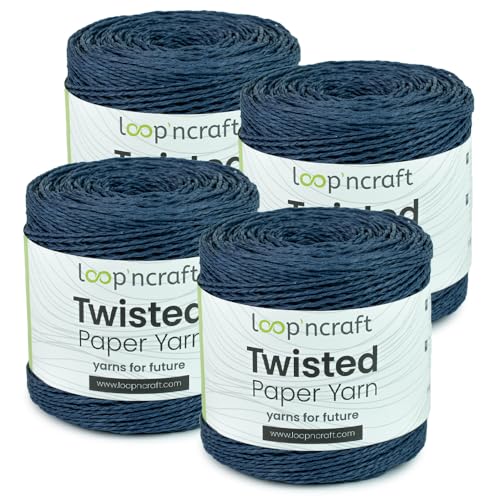 Papiergarn 4er-Set, Marineblau, Loopncraft, 1000m - 600g, Twisted Paper Yarn, Natürliches Papierkordel