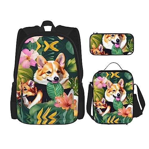 WURTON Lunchbox mit tropischen Blumen und Corgi-Druck, Federmäppchen, Rucksack-Set, 3-teilig, verstellbare Riemen, langlebig, leicht, Schwarz, One Size