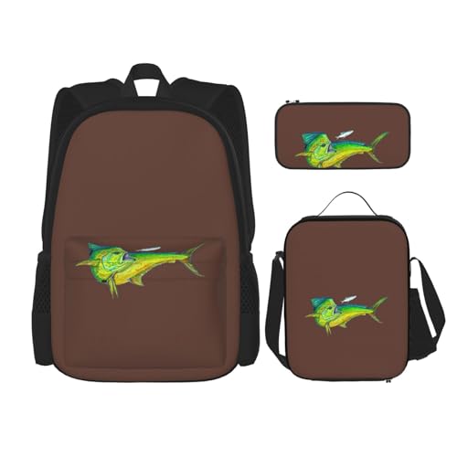 WURTON Rucksack mit grünem Fisch-Druck, für Mädchen und Jungen, Schultaschen, Teenager, Lunchbox und Federmäppchen, 3-in-1-Büchertaschen-Set