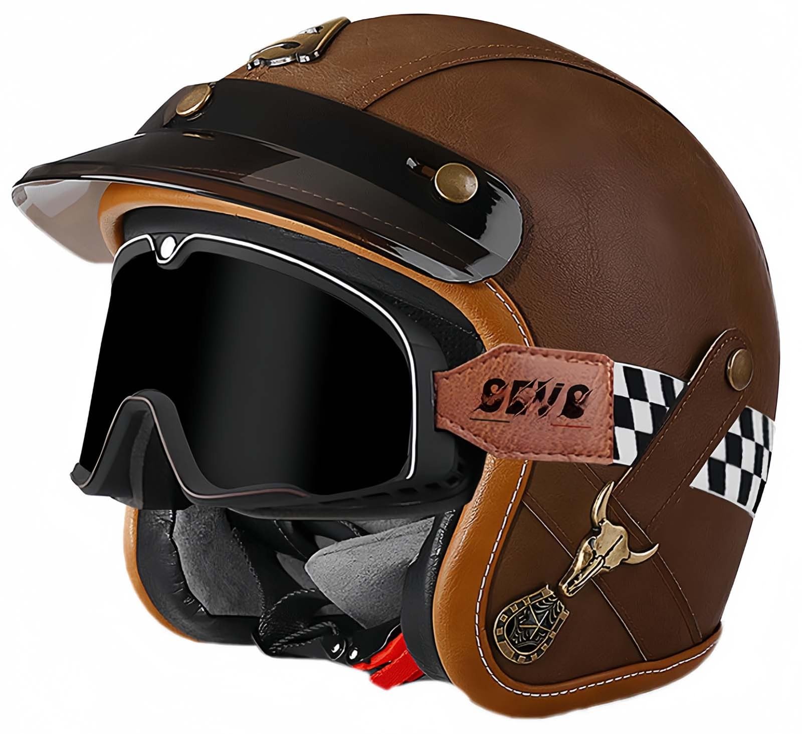 3/4 Vintage Helm Retro Motorradhelm Erwachsene Halbhelm ECE Approved Vintage Für Männer Und Frauen Mit Schutzbrille Offenes Gesicht Mopedhelm G,L57-60CM