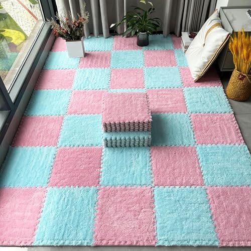 30 Stück Flauschige 30,5 x 30,5 cm große Teppichquadrate, ineinandergreifende Plüsch-Bodenfliesen, Puzzleteil-Bodenmatte, Puzzlematte für Spielzimmer, Wohnzimmer, Hellblau + Rosa, 0,39 Zoll