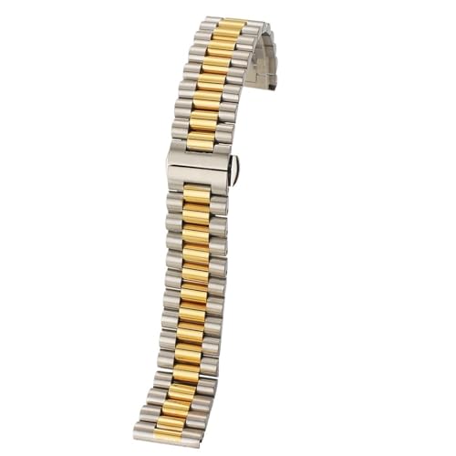 THBGTCNQ Uhrenarmband aus massivem Edelstahl mit Gliedern, 16 mm, 18 mm, 20 mm, 22 mm, universelles Ersatzarmband aus Metall mit gebogenen Enden(Silver Gold,20mm)