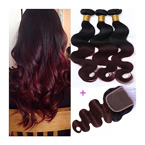 Human Hair Bundles Burgunderrote Bundles mit Verschluss, Körperwellen-Ombre-Bundles mit Verschluss, 1B/99J, zweifarbig, menschliche Haarwebart, farbige Bundles human hair weave(Size:16 18 20 with14,Co