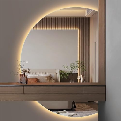 Moderner Badezimmerspiegel zur Wandmontage, halbkreisförmiger Wandspiegel für das Wohnzimmer, dimmbarer, beschlagfreier, halbmondförmiger LED-Kosmetikspiegel, 3-Farben-Licht, Touch-Schalter,