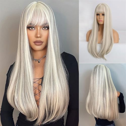 Perücken für Frauen Cosplay-Perücke mit Pony, for Damen, Weihnachten, blond, Platin, Ombré-Perücke, lange, gerade, synthetische Perücke, Hochtemperaturfaser für den täglichen Gebrauch(LC169-6)