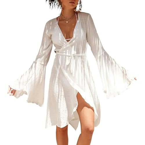 KINZE Strandkleid Damen Badeanzug Strickjacke Riemchen Bikini Deckbedeckung Beach Cover Up Bell Sleeve Resort Beach Kleid-Weiß