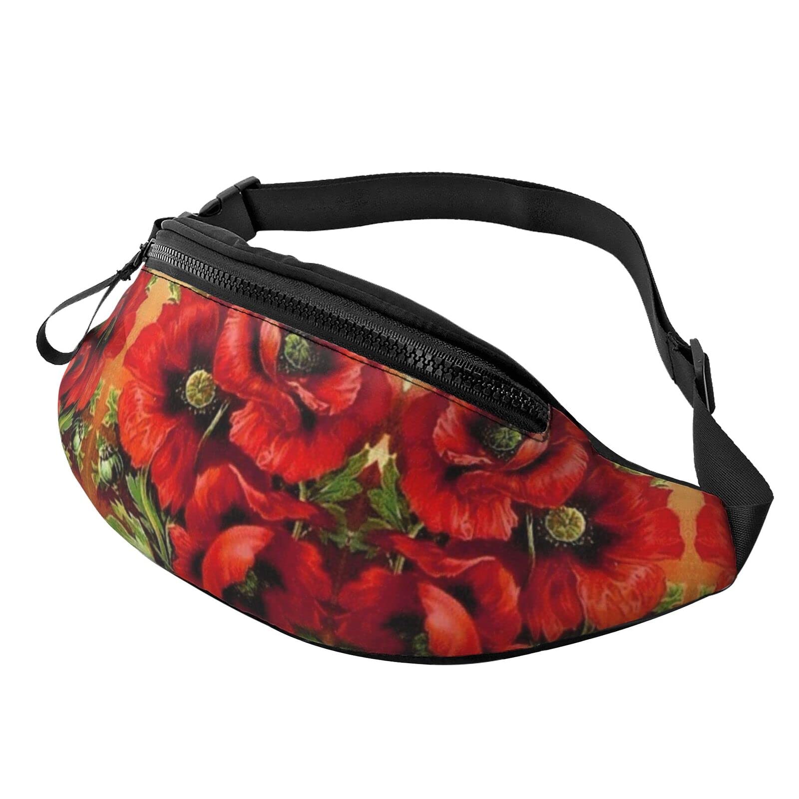 Schöne rote Mohnblumen-Hüfttasche für Damen und Herren, Hüfttasche für Reisen, Yoga, Fitnessstudio, für Outdoor, Workout, Sport, Reisen, Laufen, Schwarz , Einheitsgröße