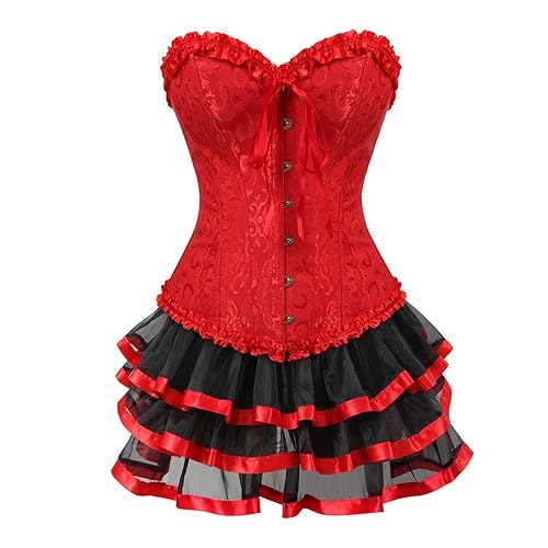 WANGTIANXUE Gothic Rock Damen Set Steampunk Rock und Korsett 2PCS Mittelalter Rock Viktorianisch Renaissance Halloween Karneval Kostüm Vintage Röcke Tutu Palast Gotischer Punk Party Outfit