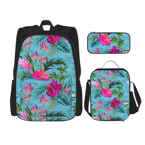 WURTON Hello Hawaii Print 3 in 1 Sets Casual Verstellbarer Schulterrucksack Mittagessen Tasche Federmäppchen Tasche Box, Schwarz, Einheitsgröße