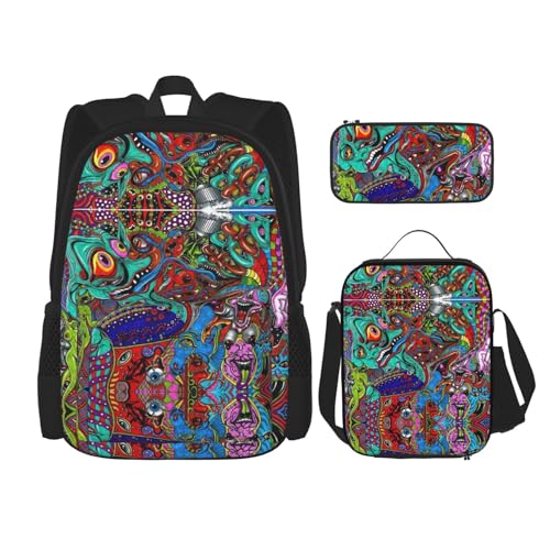 WURTON Abstrakter Kunstdruck 3-in-1-Sets, lässig, verstellbar, Schulter-Rucksack, Lunch-Tasche, Federmäppchen, Beutel, Schwarz, Einheitsgröße