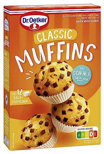 Dr. Oetker Muffins, 370 g, Backmischung für klassischen Rührteig mit Schokostückchen zum Zubereiten von 12 saftigen Muffins, inkl. Papierbackförmchen