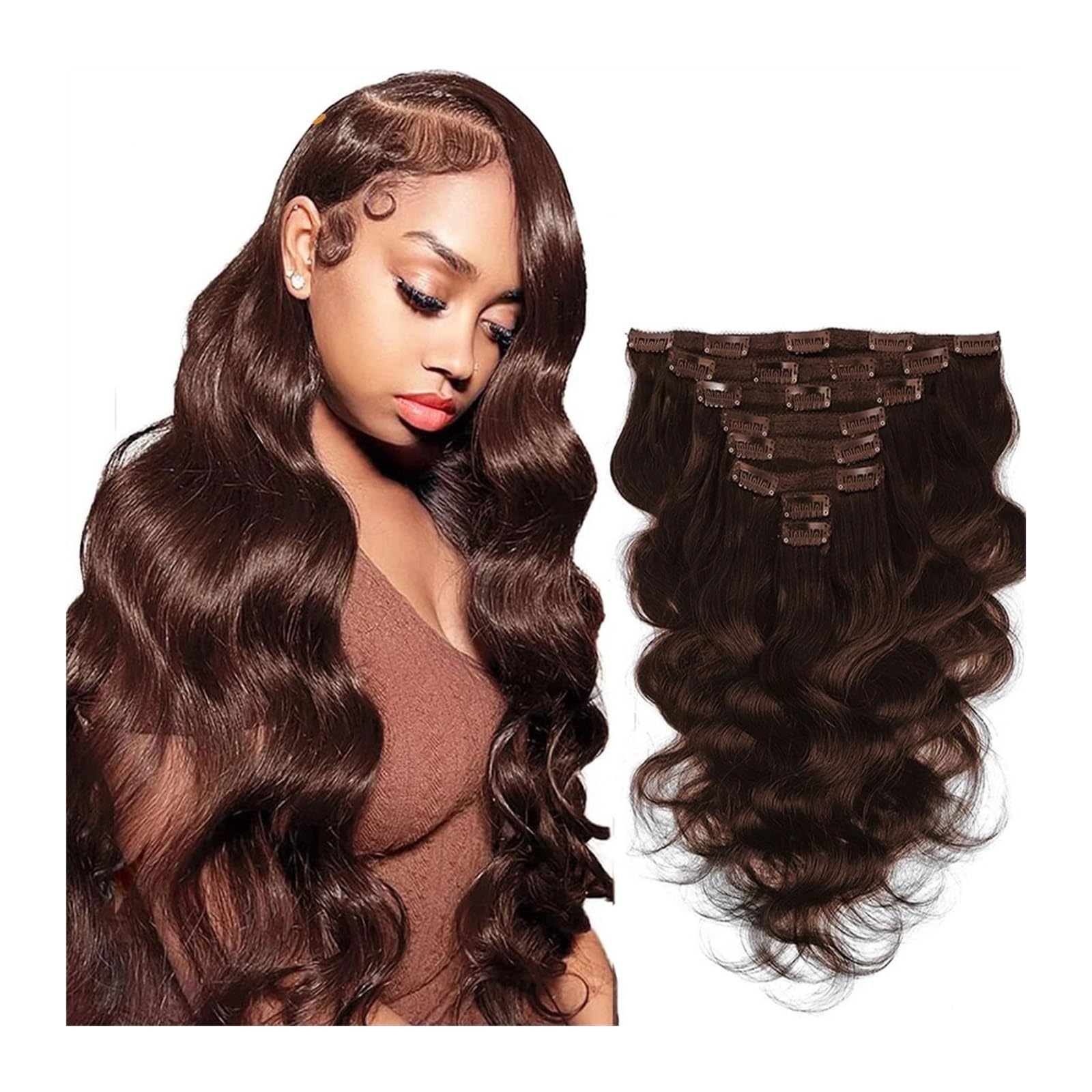 Clip-in-Haarverlängerungen Clip-in-Haarverlängerung, 25,4–61 cm, Echthaar, 8 Stück, 20 Clips, 120 g, nahtlos, gewellt, Clip-in-Extensions, schwarze Frauen, Doppeltressen, Mittelbraun #4 Clip-in-Haarve