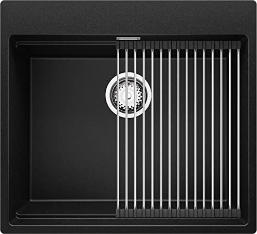 Spülbecken Schwarz 58x53 cm, Granitspüle + Ablauf-Set, Küchenspüle für 60er Unterschrank, Einbauspüle von Primagran