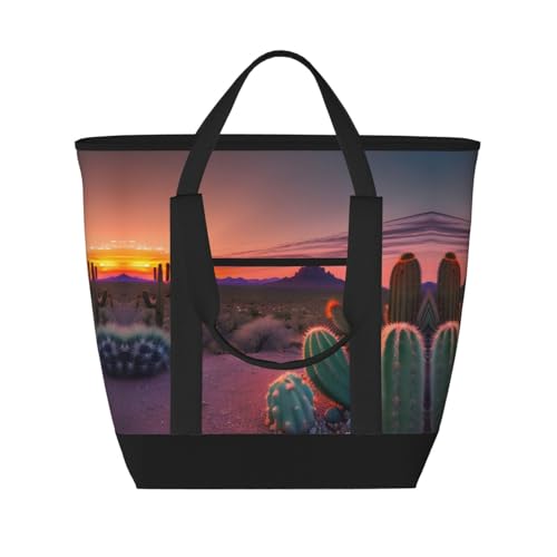 YQxwJL Isolierte Kühltasche mit Kaktuswüsten-Sonnenuntergang-Druck, großes Fassungsvermögen, Einkaufstasche, Reisetasche, Strand, wiederverwendbare Einkaufstasche für Erwachsene, Schwarz,