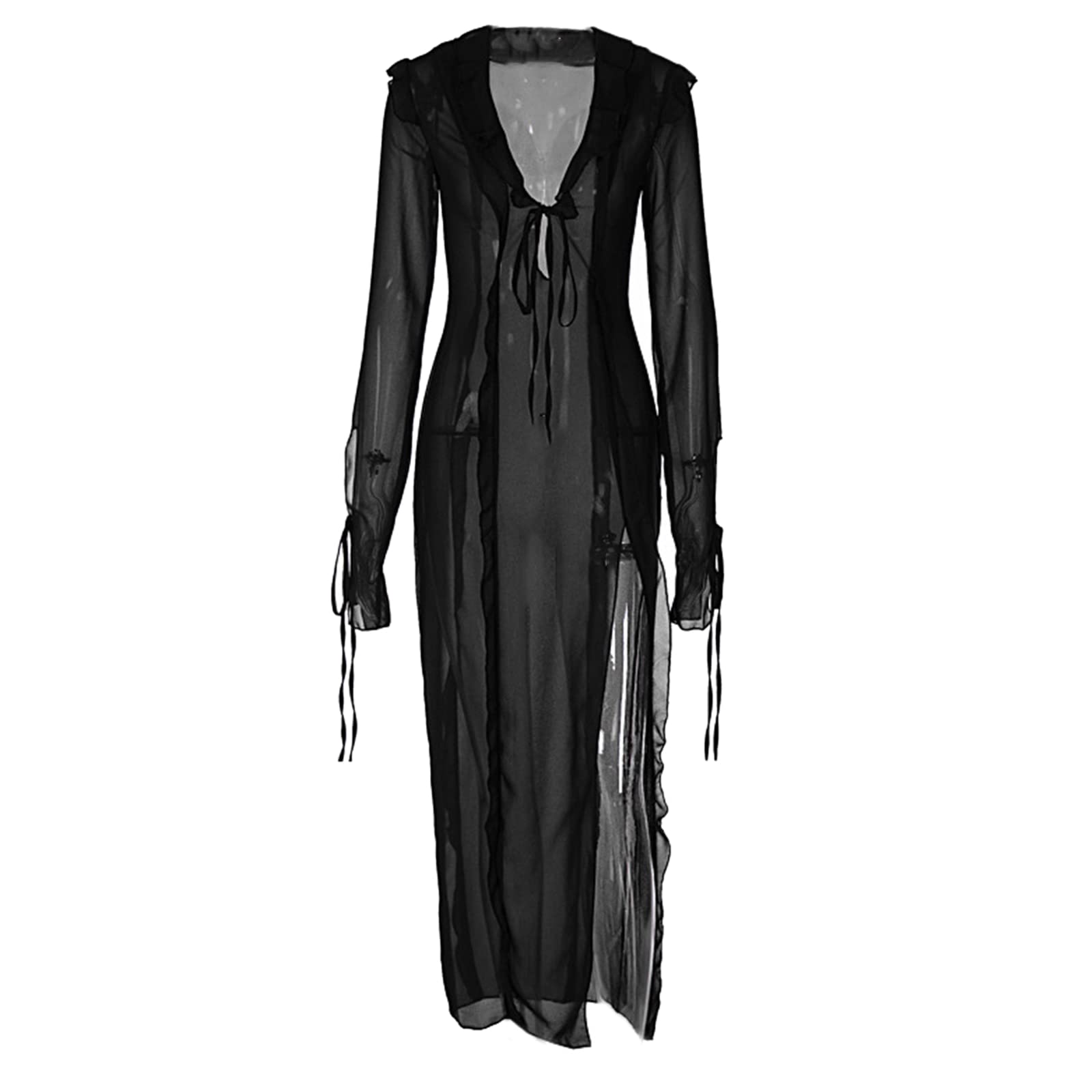 Mllepjdh Damen Mesh Badeanzug Ups Kleid Einfarbig Langärmelig Schnürung Durchsichtiges Mesh Figurbetont Strand Maxi Langkleid