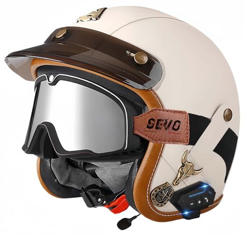 Bluetooth-Helme, Vintage-Motorradhelme, ECE/DOT-Geprüft, Offener Vintage-Helm Für Männer Und Frauen Mit Schutzbrille, Offener Gesichts-Mopedhelm, Verstellbar C,L57-60CM