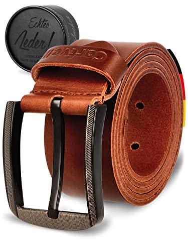 Cartvelli Echt Ledergürtel Herren Braun Cognac 110cm Made in Germany Geschenkbox Herrengürtel Braun Schnalle Matt-Schwarz Echtleder-Gürtel 40mm LMB22b-110