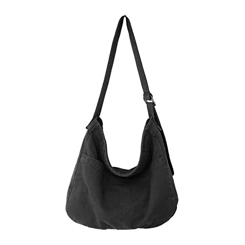 ohodhmnu Damen Tragetasche, Schüler-Umhängetasche, Mädchen, große Kapazität, einfarbig, Umhängetasche, Teenager, Segeltuch, Schultertasche mit verstellbarem Riemen, Schwarz , B